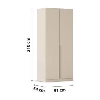 Champagnerfarbener Kleiderschrank mit eingezeichneten Gesamtmaßen von 210 cm Höhe, 91 cm Breite und 54 cm Tiefe