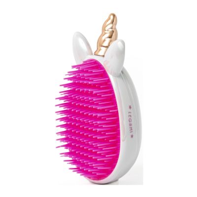 Eiförmige Entwirrbürste im Einhorn-Design, von hinten mit pinkfarbenen flexiblen Borsten gezeigt.