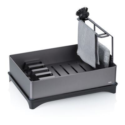 Schwarzes Abtropfgestell mit Besteckhalter Glasaufsatz und gerillter Ablagefläche auf weißem Hintergrund