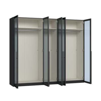 Drehtürenschrank mit geöffneten Glastüren und Innenraum mit Kleiderstangen