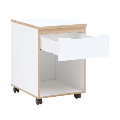 Weißer Rollcontainer mit sichtbar geöffneter Schublade und offenem Fach darunter