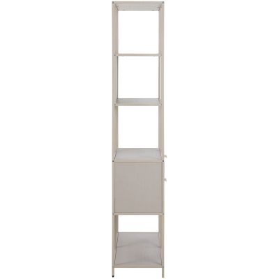 Seitenansicht des grauen Regals, bei der die Tiefe und die schlanke Bauweise deutlich werden. Das matte Finish des Korpus und Gestells ist gut erkennbar
