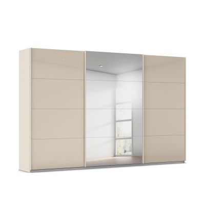 Moderner Schwebetürenschrank mit Glas-Außentüren und mittiger Spiegeltür in champagner