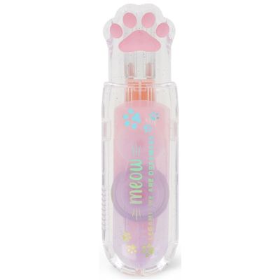 Transparenter rosa Korrekturroller mit Katzenpfote, frontal mit transparentem Gehäuse und Pfotenform am oberen Ende dargestellt.