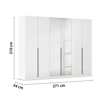 Großer Drehtürenschrank in Weiß Hochglanz mit sechs Türen und zwei Spiegeltüren inklusive Maßangaben 271 cm Breite, 210 cm Höhe und 54 cm Tiefe