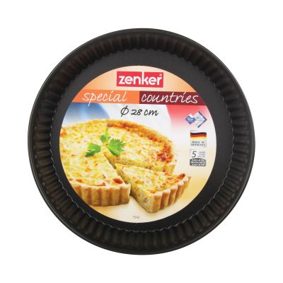 Quicheform mit Verpackung und Abbildung einer gebackenen Quiche als Serviervorschlag