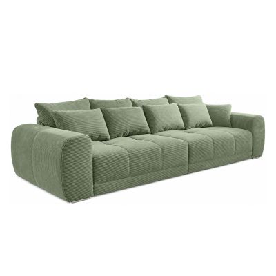 Modernes XXL Sofa in Dunkelgrün mit Cordbezug und mehreren dekorativen Kissen auf weißem Hintergrund
