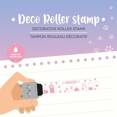 Grauer Deko-Rollstempel im Katzen-Design, in einer Grafik beim Rollen eines fortlaufenden Dekormusters über Papier gezeigt.