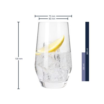 Longdrinkglas mit Maßangaben Höhe 130 mm und Volumen bis 365 ml