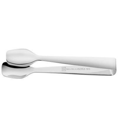Metallene Zuckerzange mit löffelförmigen Enden, Serie Dinner von ZWILLING, 10 cm, polierte Oberfläche, freigestellt auf weißem Hintergrund.