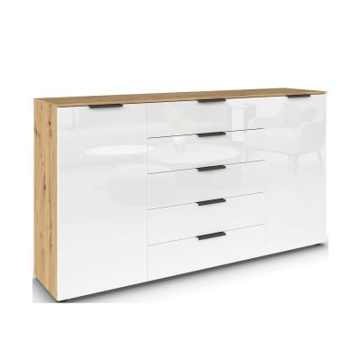 Schrank mit Korpus in Eiche Artisan und Front in Alpinweiß, Schräge Ansicht, zwei Türen links und rechts, fünf Schubkästen in der Mitte, schwarzer Griff