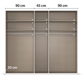 Innenansicht eines 5-türigen Kleiderschranks mit drei Fächern, Kleiderstangen und Einlegeböden, mittleres Fach 45 cm breit