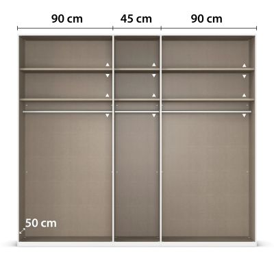 Innenansicht eines 5-türigen Kleiderschranks mit drei Fächern, Kleiderstangen und Einlegeböden, mittleres Fach 45 cm breit
