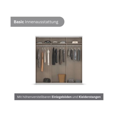 Innenansicht eines Kleiderschranks mit Einlegeböden und Kleiderstangen für Kleidung