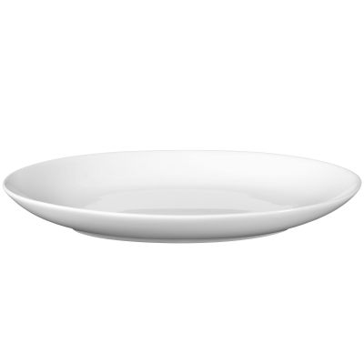 Servierplatte in Weiß. oval, flach und mit leicht erhöhtem Rand. Ansicht: schräge Ansicht von vorn.