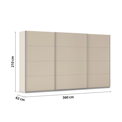 Maßzeichnung des Kleiderschranks mit 360 cm Breite, 210 cm Höhe und 62 cm Tiefe