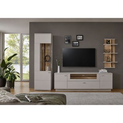 Wohnkombination mit Vitrine Lowboard und Wandregalen in einem modern eingerichteten Wohnzimmer mit TV