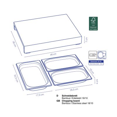 Schematische Zeichnung des Holzschneidebretts mit zwei herausziehbaren Schalen eingezeichneten Abmessungen und ergänzenden Produktangaben