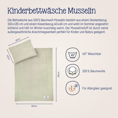 Grafik mit Limegrüner Kinderbettwäsche aus Musselin, Maßen und Symbolen zu Waschbarkeit, Baumwolle und Eignung für Allergiker