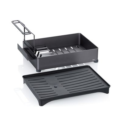 Schwarzes Abtropfgestell mit Besteckhalter Glasaufsatz und herausgezogener gerillter Abtropfschale