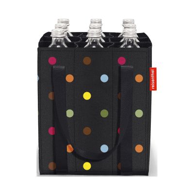 Flaschentasche von Reisenthel, Modell Bottlebag, in Schwarz mit bunten Punkten, frontal mit mehreren eingesetzten Getränkeflaschen.