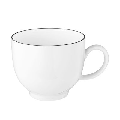 Tasse in Weiß mit schwarzer Randlinie. Darstellung: Seitenansicht. Merkmale: bauchig mit kleinem Henkel.