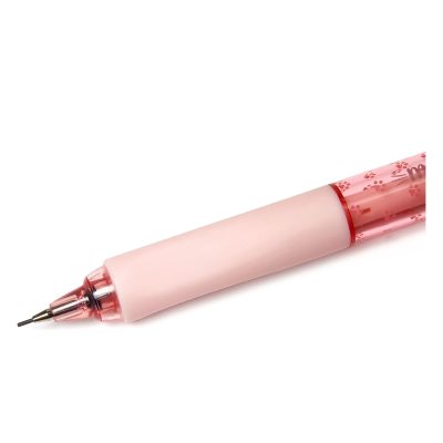 Rosa Druckbleistift mit Katzenfigur, in Nahaufnahme mit Metallspitze und rosafarbener Griffzone gezeigt.