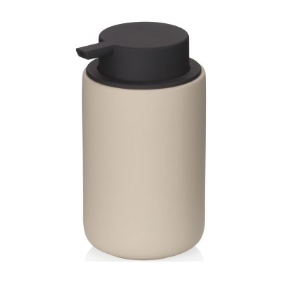Freigestellter zylindrischer Seifenspender in Beige mit abgerundeter Form und schwarzem Pumpkopf