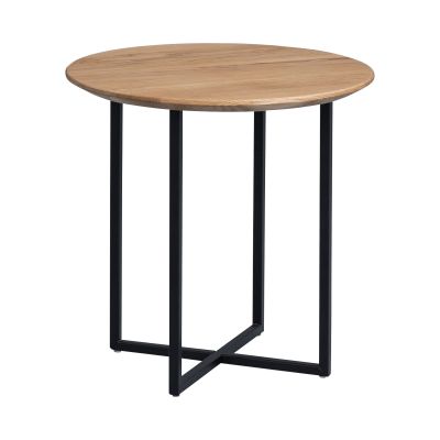 Runder Beistelltisch mit heller Holzplatte und schwarzem Metallgestell in Kreuzform