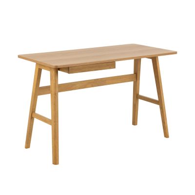 Moderner Schreibtisch mit Tischplatte, Gestell und Schublade in matter Eiche, schräg von vorne fotografiert.
