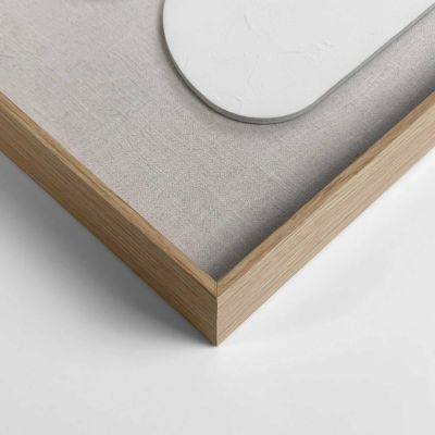 Detailaufnahme einer Ecke des Wandbilds „Organic Blocks Linen Wood“, 50 × 70 cm; Oberfläche, Kante und Materialstärke sind sichtbar.
