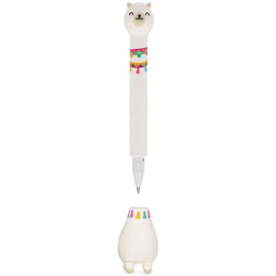 Weißer Kugelschreiber mit Lama-Standfuß, mit getrenntem Stift über dem Tier-Standfuß dargestellt.