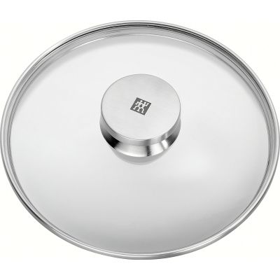 Runder Glasdeckel mit Edelstahlrand und Metallknauf, Serie Twin Specials von ZWILLING, Ø 20 cm, freigestellt auf weißem Hintergrund.