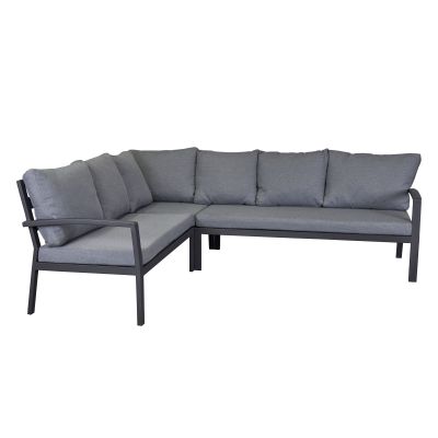 Ecksofa in L Form mit dunklem Gestell und mehreren Sitz und Rückenpolstern vor weißem Hintergrund