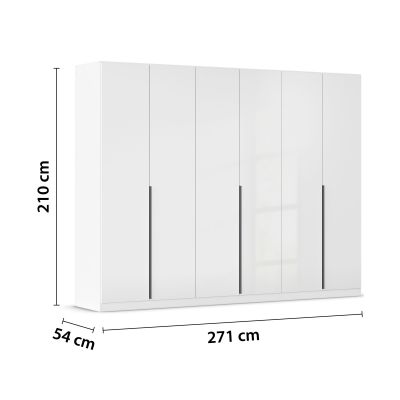 Weißer Hochglanz Drehtürenschrank mit sechs Türen und Maßangaben 271 cm Breite, 210 cm Höhe und 54 cm Tiefe
