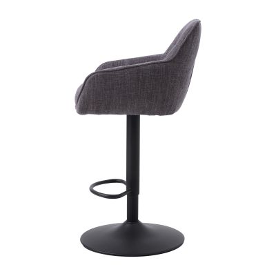 Barhocker mit grauer Sitzschale, schwarzem Metallgestell und runder Fußplatte, seitlich aufgenommen.