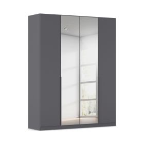 Grau-Metallicer 4-türiger Kleiderschrank mit zwei mittigen Spiegeltüren und langen grau-metallicen Griffleisten