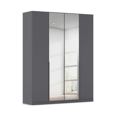 Grau-Metallicer 4-türiger Kleiderschrank mit zwei mittigen Spiegeltüren und langen grau-metallicen Griffleisten
