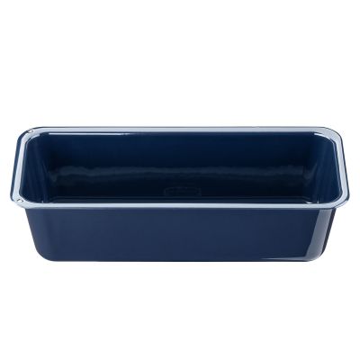 Seitenansicht einer rechteckigen Emaille Kastenform in dunkelblau mit hohem Rand