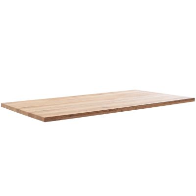 Rechteckige Tischplatte aus hellem Holz vor weißem Hintergrund.