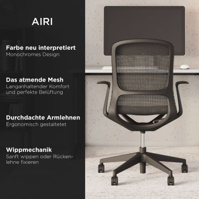 Infografik zum schwarzen Drehstuhl Airi mit Rückansicht; genannt werden monochromes Design, atmungsaktives Mesh, Armlehnen und Wippmechanik.