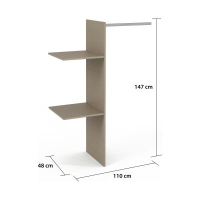 Wäscheeinteilung in naturfarbener Leinenoptik mit zwei Fachböden und seitlicher Metallstange, daneben Maßangaben 147 cm Höhe, 110 cm Breite und 48 cm Tiefe