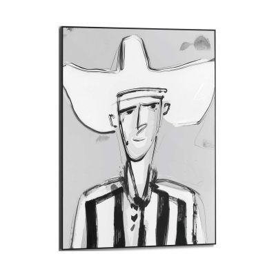 Frontansicht des Wandbilds „Modern Cowboy“ in Schwarz-Weiß, Größe 50 × 70 cm; das vollständige Motiv ist zu sehen.