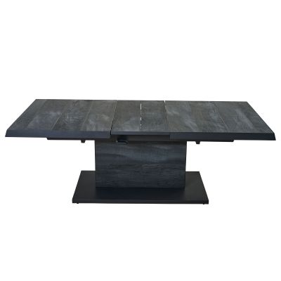 Tisch von vorne, die Holzplatte wirkt leicht auseinandergezogen, Mittelsäule und Bodenplatte sichtbar.