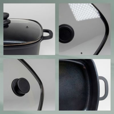 Collage mit Glasdeckel Dampfauslass Deckelknauf Innenbeschichtung und seitlichem Griff