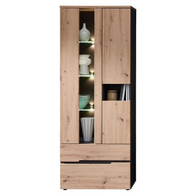 Holzvitrine mit links offenen Glasfächern mit Beleuchtung und rechts geschlossenen Türen sowie unteren Schubladen.