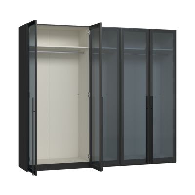 Drehtürenschrank mit geöffneter linker Glastür und Innenansicht mit Kleiderstange