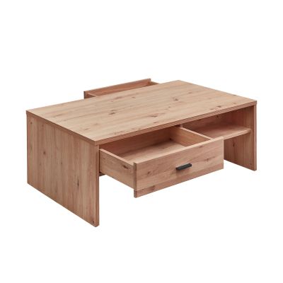 Couchtisch aus hellem Holz mit einer geöffneten Schublade und seitlichem Ablagefach, freigestellt vor weißem Hintergrund.