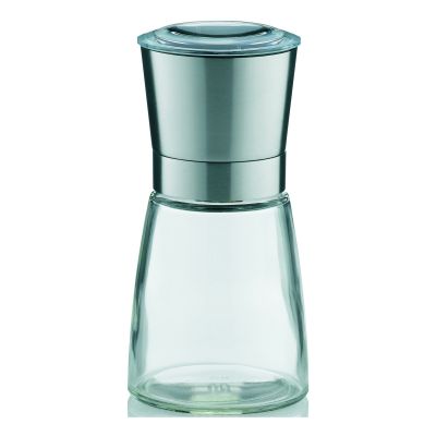 Transparente Salz und Pfeffermühle mit bauchigem Glasbehälter und dunkelgrauem Mahlkopf vor weißem Hintergrund