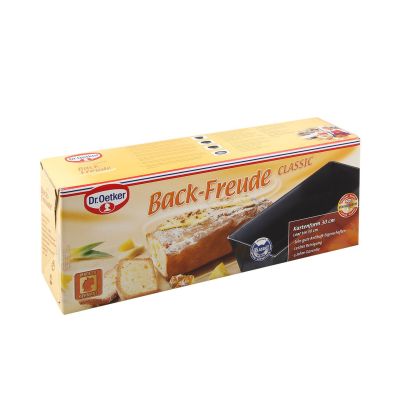 Verpackung der Kastenform 30 cm mit Produktbild und Back Freude Design